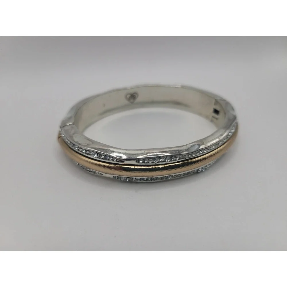 Brighton Two Tone Gold Silver Crystal Hinged Bangle Bracelet Signed